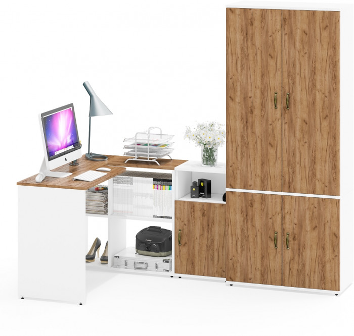 Лидер-8 Стол + Тумба МД 3.19 + Шкаф МД 20Б, цвет белый шагрень/крафт золото, ШхГхВ 285х50/37,5х75/190 или 115х200/50х75/190 см., НЕ ун. сборка