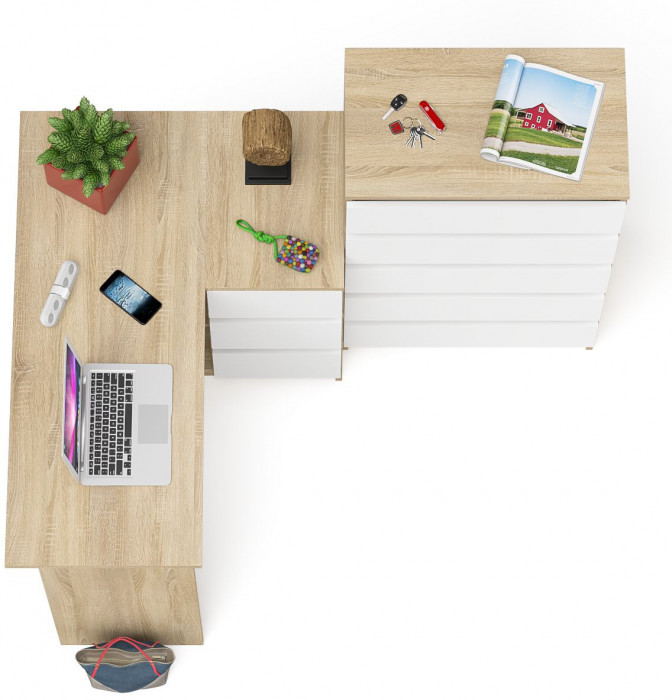 Мори Стол компьютерный МС-16 правый + Комод МК700.5, цвет дуб сонома/белый, ШхГхВ 194,8х84,9х114 см., выдвижные ящики справа, НЕ универс. сборка
