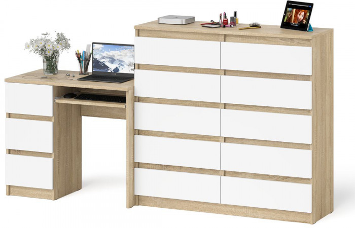 Мори Стол компьютерный МС-6 левый + Комод МК1200.10, цвет дуб сонома/белый, ШхГхВ 210,4х50х115 см., выдвижные ящики слева, НЕ универсальная сборка