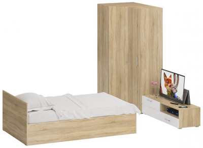 Спальня Стандарт 4-1200, дуб сонома/фасады ТВ тумбы МДФ белый глянец