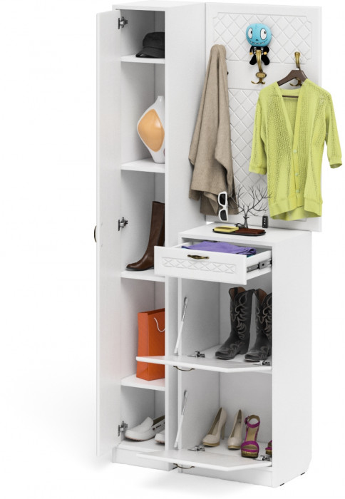 Прихожая П-6 Компоновка № 24, цвет белая шагрень/фасады МДФ белое дерево фрезеровка ромб, ШхГхВ 90х35х220 см., универсальная сборка