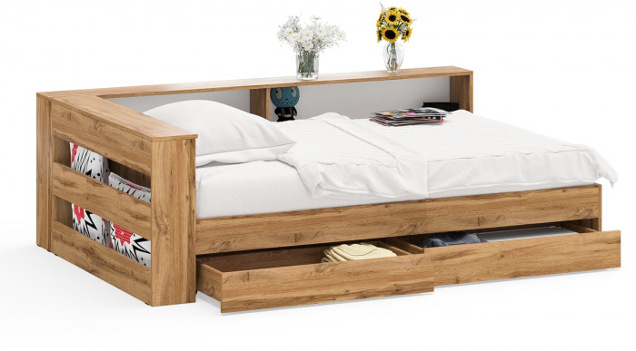 Ксения Кровать с ящиками 1200 + прикроватный блок, дуб вотан