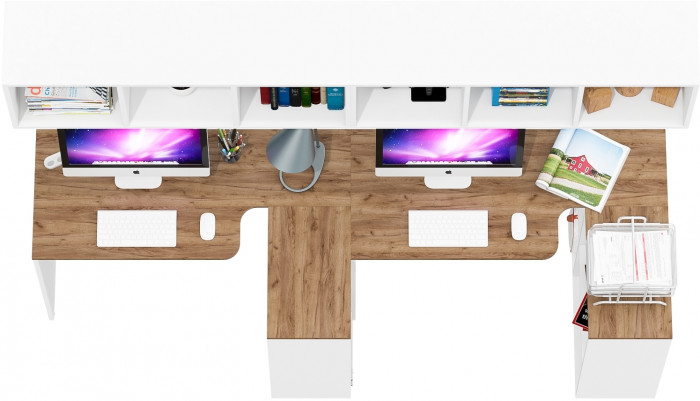 Лидер-8 Стол + Полка + Стол + Полка, белый шагрень/крафт золото