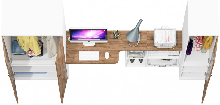 Лидер-8 Шкаф МД 19Б + Стол + Пенал 23Б, белый шагрень/крафт золото