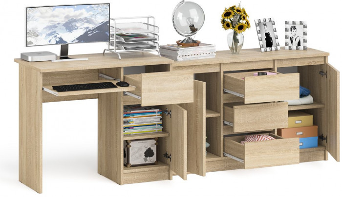 Мори компьютерный стол МС-1 правый + Комод МК1200.3, дуб сонома