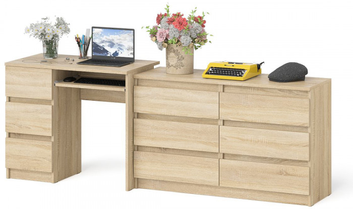 Мори компьютерный стол МС-6 левый + Комод МК1200.6, дуб сонома