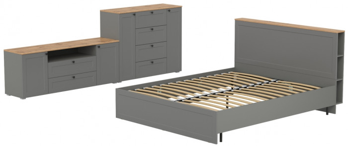 Остин 11.53 Кровать + ортопед + 16.47 Тумба под ТВ + 16.221 Комод, серый графит/дуб крафт золотой