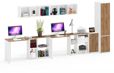 Лидер-8 Стол + Полка + Стол + Полка + Пенал МД 23Б + Тумба МД 3.15, цвет белый шагрень/крафт золото, 410х50х75/190 или 230х160/50х75/190, НЕ ун. сб.