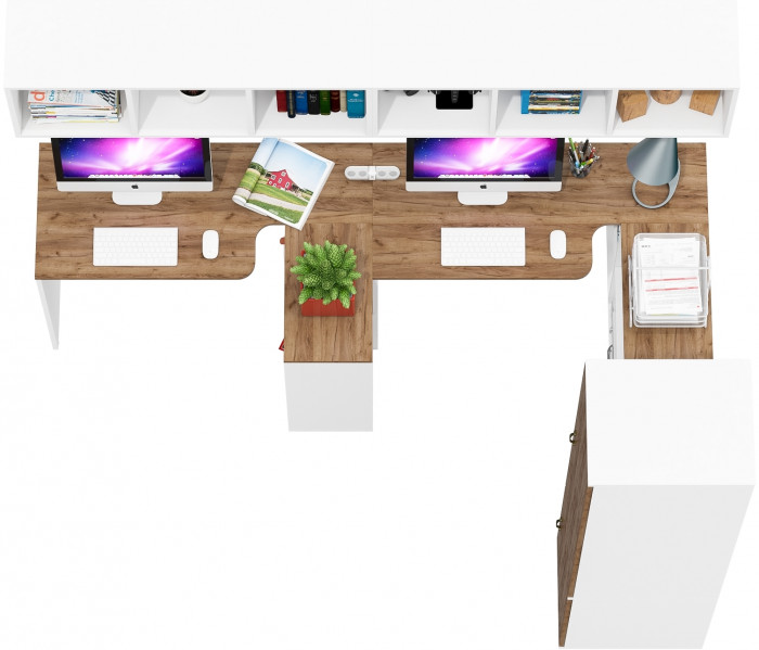 Лидер-8 Стол + Полка + Стол + Полка + Пенал МД 23Б + Тумба МД 3.15, цвет белый шагрень/крафт золото, 410х50х75/190 или 230х160/50х75/190, НЕ ун. сб.