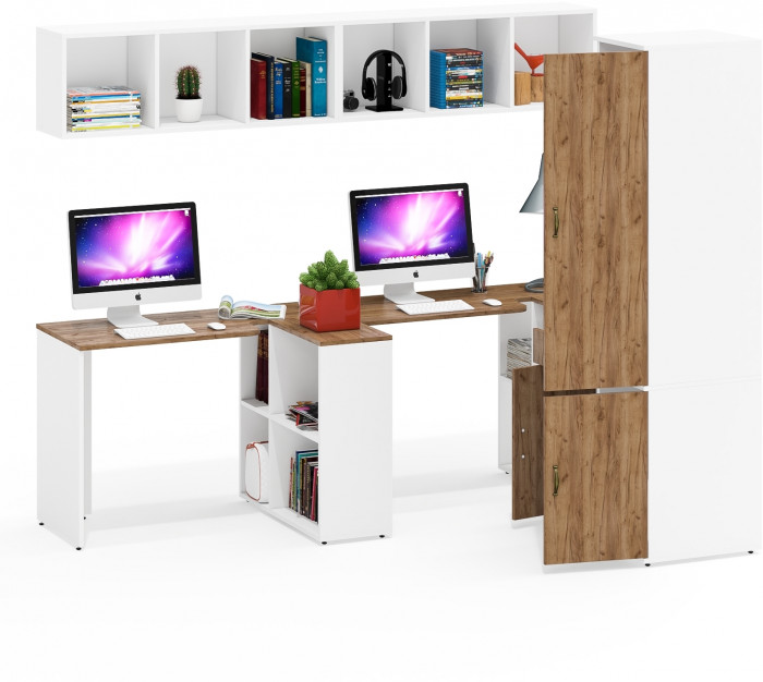 Лидер-8 Стол + Полка + Стол + Полка + Пенал МД 23Б + Тумба МД 3.15, цвет белый шагрень/крафт золото, 410х50х75/190 или 230х160/50х75/190, НЕ ун. сб.