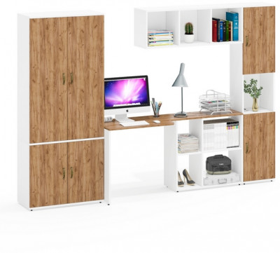 Лидер-8 Шкаф МД 20Б + Стол + Полка + Пенал, цвет белый шагрень/крафт золото, ШхГхВ 285х50/30х75/190 или 195х120х75/190 см., НЕ ун.сб.