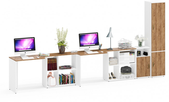 Лидер-8 Стол + Стол + Пенал МД 21Б + Тумба МД 3.19, цвет белый шагрень/крафт золото, ШхГхВ 410х50/37,5х75/190 или 230х160/50х75/190 см., НЕ ун. сб.