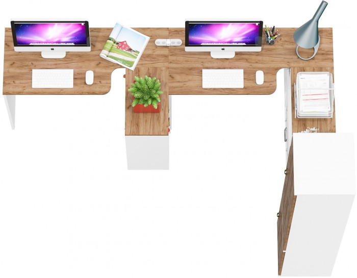 Лидер-8 Стол + Стол + Пенал МД 21Б + Тумба МД 3.19, цвет белый шагрень/крафт золото, ШхГхВ 410х50/37,5х75/190 или 230х160/50х75/190 см., НЕ ун. сб.