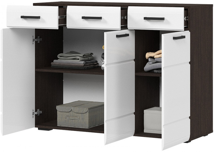 ЛИБЕРТИ КМ 01 Комод 1200 (1200х890х400) Фасад МДФ БЕЛЫЙ ГЛЯНЕЦ/Корпус ВЕНГЕ