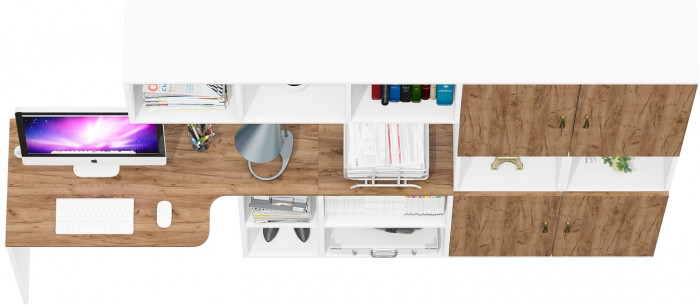 Лидер-8 Стол + Полка + Пенал + Пенал, белый шагрень/крафт золото