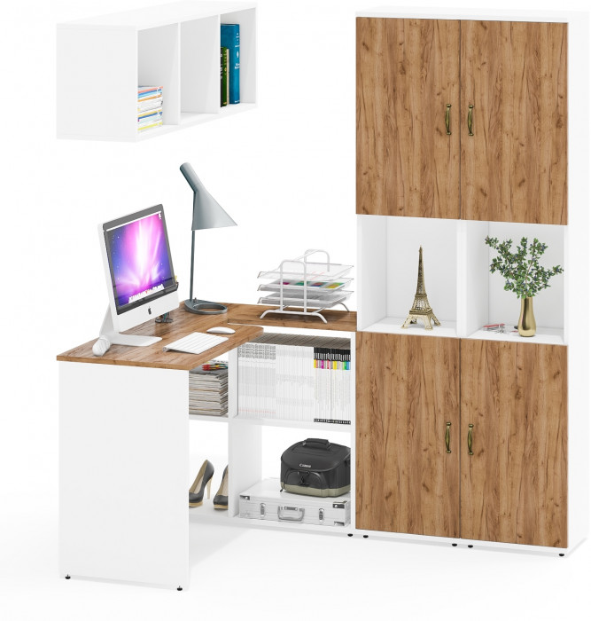 Лидер-8 Стол + Полка + Пенал + Пенал, белый шагрень/крафт золото