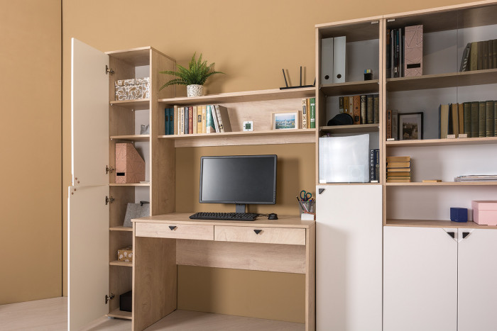 КР100 Бостон 13.156 Шкаф, цвет дуб эндгрейн элегантный/фасады МДФ милк рикамо софт, ШхГхВ 76,8х35,1х194,4 см.