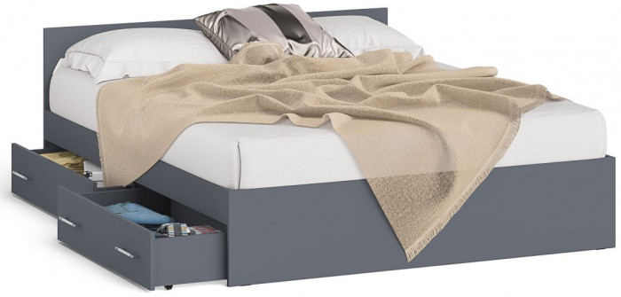 Мори Кровать с ящиками 1600, цвет графит, ШхГхВ 163,5х203,5х70 см., сп.м. 1600х2000 мм., без матраса, основание есть