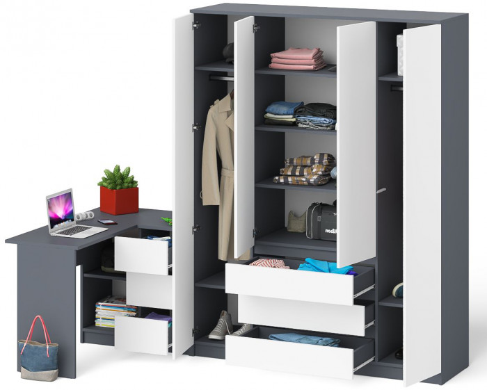 Мори компьютерный стол МС-16 правый + Шкаф МШ1600.1, графит/белый