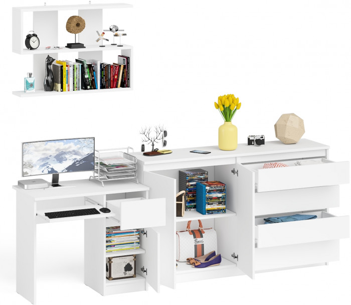 Мори Стол компьютерный МС-1 правый + Комод МК1600.1 + Полка 900, цвет белый, ШхГхВ 250,4х50х209,6 см., НЕ универсальная сборка