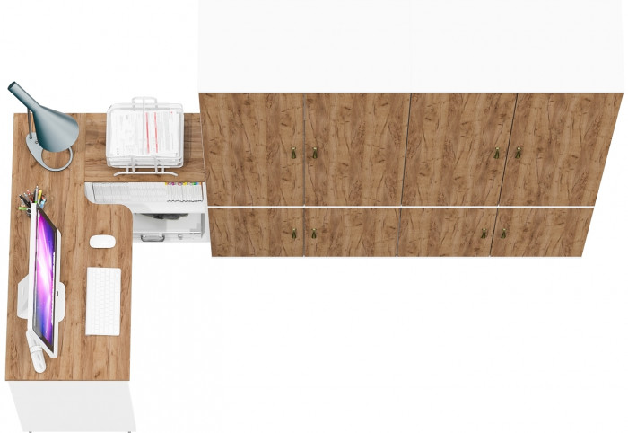 Лидер-8 Стол + Шкаф МД 20Б + Шкаф МД 20Б, цвет белый шагрень/крафт золото, ШхГхВ 325х50/37,5х75/190 или 115х240/50х75/190 см., НЕ ун. сборка