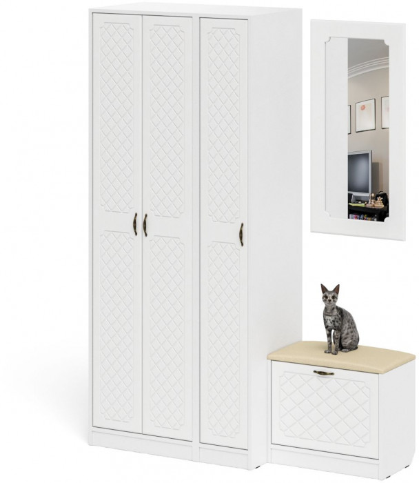 Прихожая П-6 Компоновка № 46, цвет белая шагрень/фасады МДФ белое дерево фрезеровка ромб, ШхГхВ 150х50х210 см., универсальная сборка