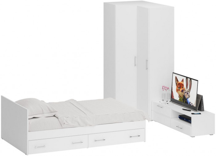 Спальня Стандарт 4-1200Я, белый/фасады ТВ тумбы МДФ белый глянец