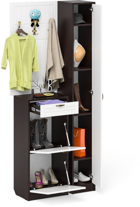 Прихожая П-6 Компоновка № 24, цвет венге/фасады МДФ белое дерево фрезеровка прованс, ШхГхВ 90х35х210 см., универсальная сборка