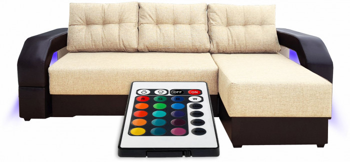 Угловой диван-еврокнижка Манчестер 150х200, с подсветкой, рогожка/экокожа бежевый