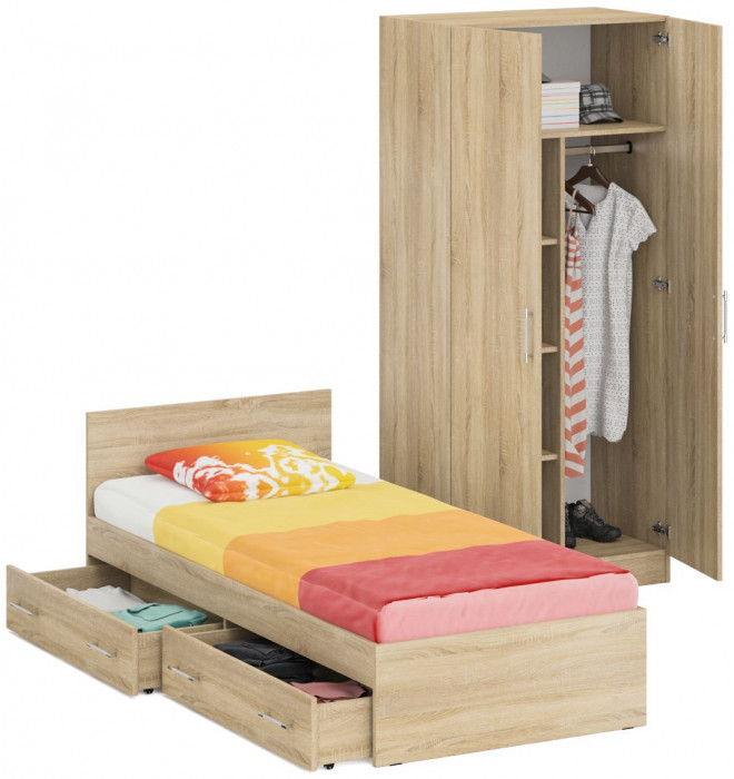 Кровать с ящиками 0900 + Шкаф 2-х створчатый Стандарт, дуб сонома