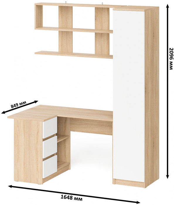 Мори компьютерный стол МС-16 левый + Пенал МШ400.1 + Полка 1200, дуб сонома/белый