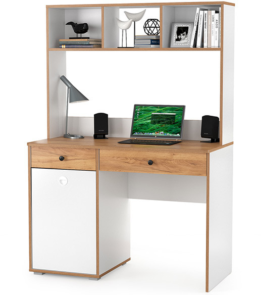 Вуди письменный стол 12.42 + Надстройка на стол 13.161, белый премиум/дуб крафт золотой