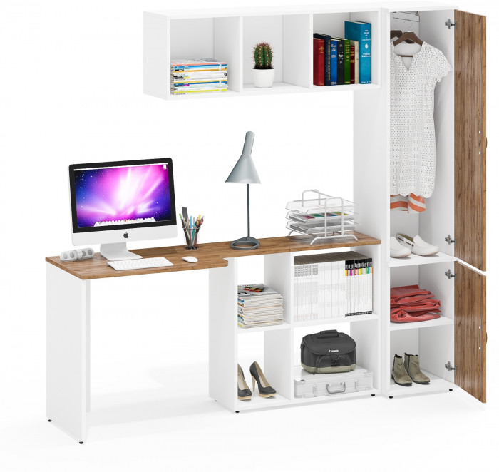 Лидер-8 Стол + Полка + Пенал МД 21Б, белый шагрень/крафт золото