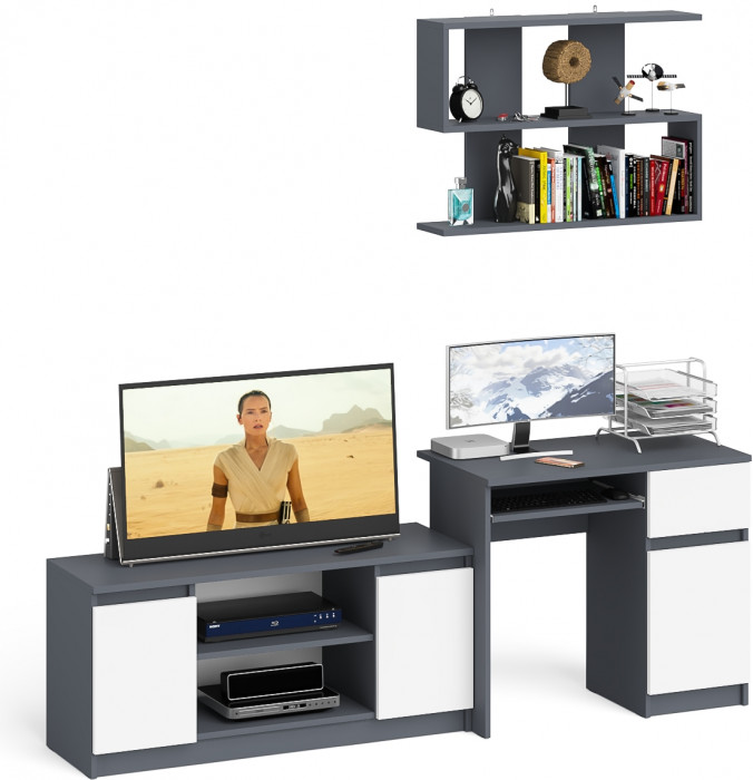 Мори компьютерный стол МС-1 правый + Тумба МТВ1200.1 + Полка 900, графит/белый