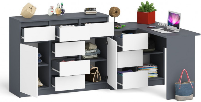 Мори компьютерный стол МС-16 левый + Комод МК1200.4, графит/белый