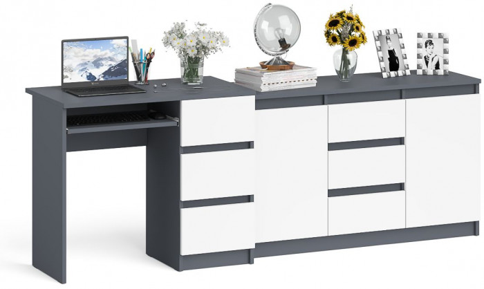 Мори компьютерный стол МС-6 правый + Комод МК1200.3, графит/белый