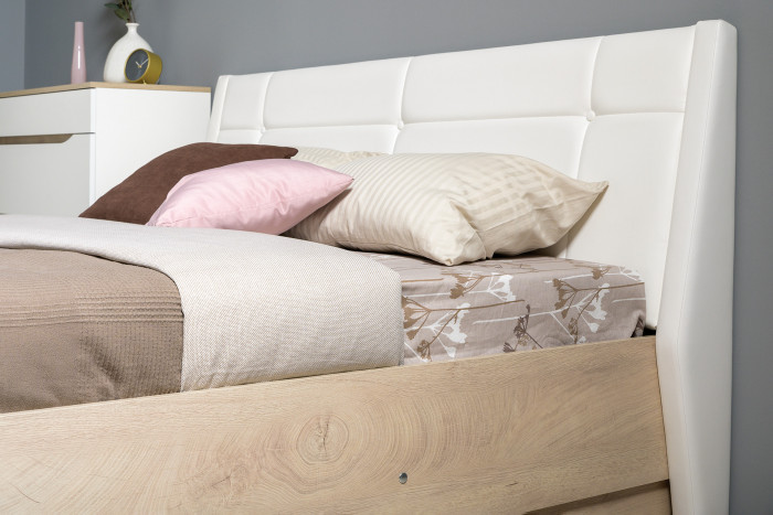 Муссон Кровать 11.28 + под. ортопед + Тумба 16.03 + Комод 13.97 + Тумба ТВ 13.276, белый/чёрный/дуб эндгрейн элегантный/кожзам белый, 1600х2000, б/м