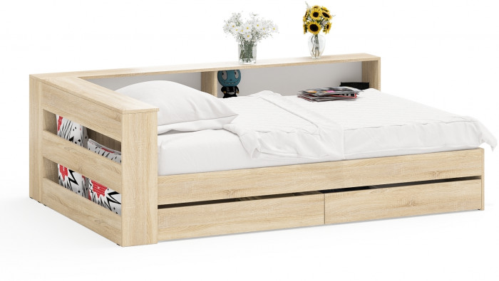 Ксения Кровать с ящиками 1200 + прикроватный блок, дуб сонома