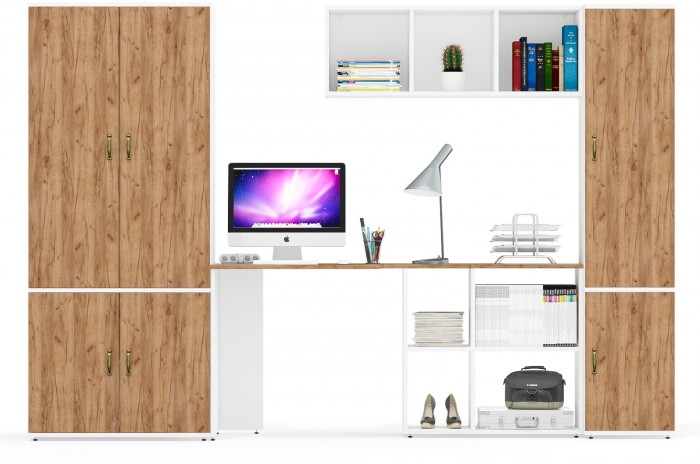 Лидер-8 Шкаф МД 19Б + Стол + Полка + Пенал 21Б, белый шагрень/крафт золото