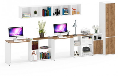 Лидер-8 Стол + Полка + Стол + Полка + Пенал МД 23Б + Тумба МД 3.19, цвет белый шагрень/крафт золото, 410х50х75/190 или 230х160/50х75/190, НЕ ун. сб.