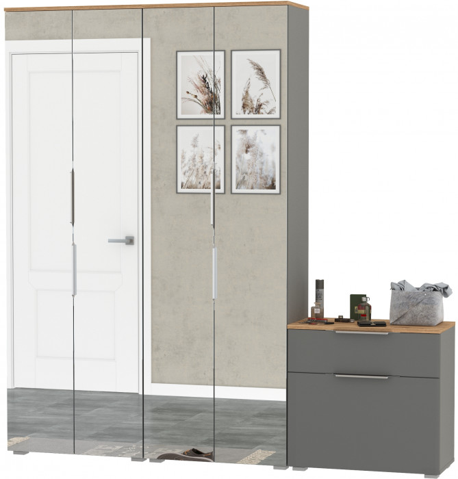 Октава Прихожая 24, цвет серый графит/дуб крафт золотой/фасады МДФ серый графит, ШхГхВ 193,7х35,4х197,6 см., универсальная сборка