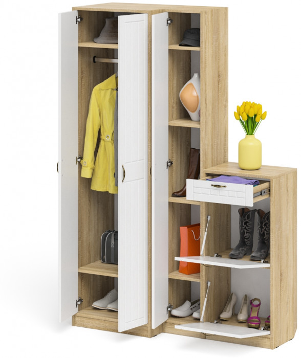 Прихожая П-6 Компоновка № 28, цвет дуб сонома/фасады МДФ белое дерево фрезеровка прованс, ШхГхВ 140х50х210 см., универсальная сборка