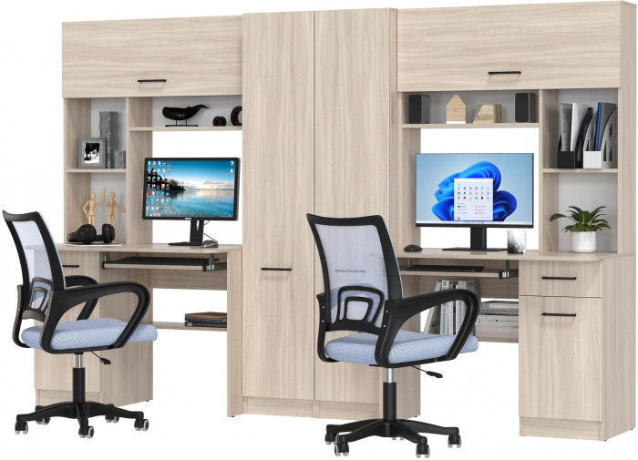 Два стола рабочих 6-0603 Альфа + два кресла 103 серых, цвет ясень шимо светлый, ШхГхВ 274х61х181 см., универсальная сборка