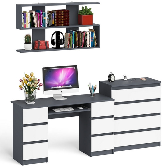 Мори компьютерный стол МС-2 + Комод МК800.4 + Полка 1200, графит/белый