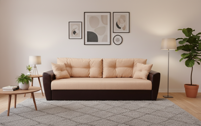 Диван-еврокнижка Амстердам, 160х195, пружинный блок, рогожка/экокожа, коричнево-бежевый