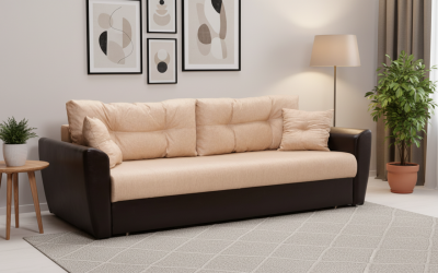 Диван-еврокнижка Амстердам, 160х195, пружинный блок, рогожка/экокожа, коричнево-бежевый