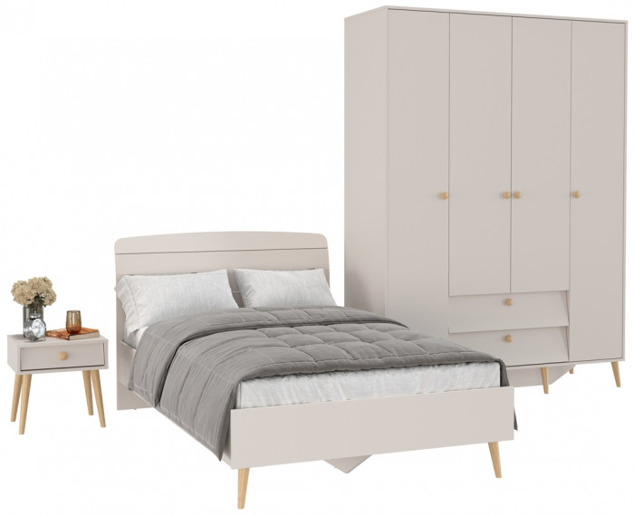 Афина Спальня Кровать 1200 + Шкаф 4-х дверный + Тумба, кашемир серый