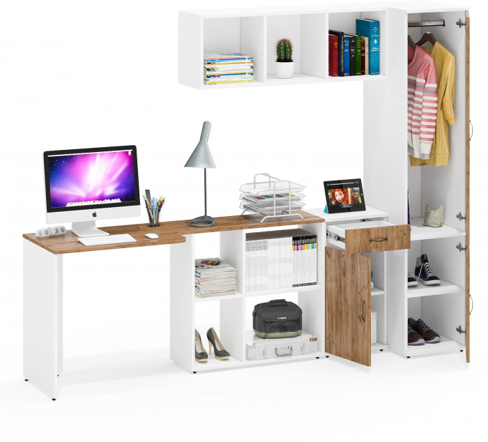 Лидер-8 Стол + Полка + Тумба МД 3.15 + Пенал МД 23Б, белый шагрень/крафт золото