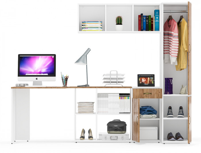 Лидер-8 Стол + Полка + Тумба МД 3.15 + Пенал МД 23Б, белый шагрень/крафт золото